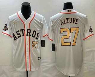 Mens Houston Astros #27 Jose Altuve Number 2023 White Gold World Serise Champions Patch Cool Base Stitched Jerseys->houston astros->MLB Jersey